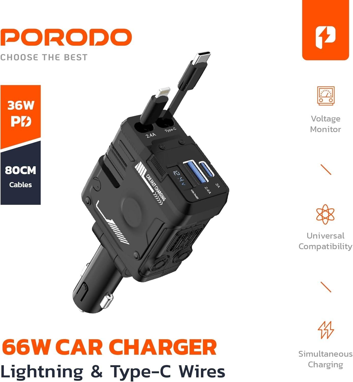 شارژر فندکی جمع‌شونده Porodo 4in1